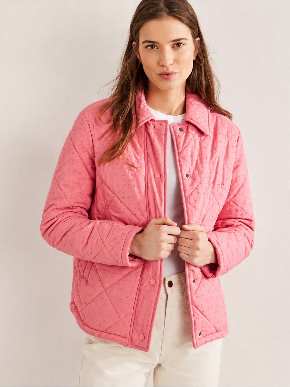 Boden Broderie Quilted Embroidered Eyelet Cotton Jacket Size 14 Pink